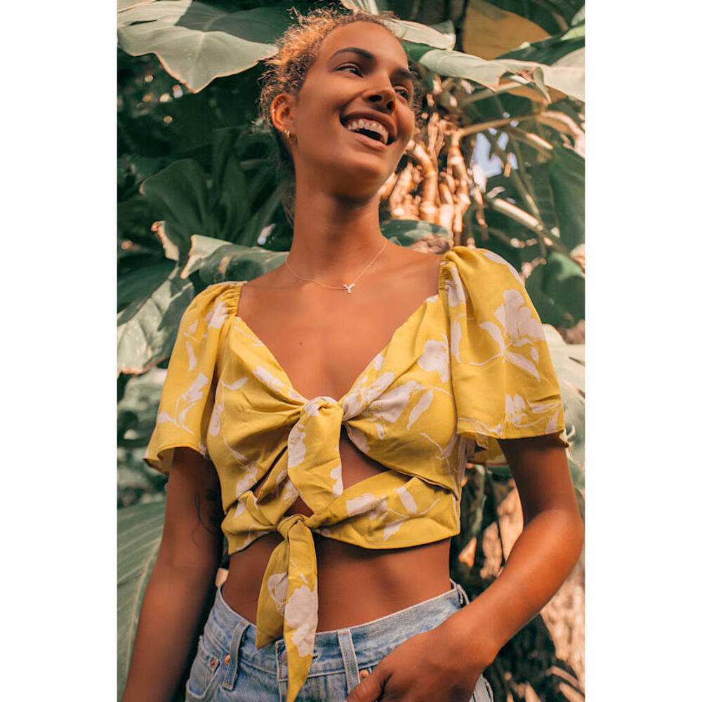 Lulus Tied For First Mustard Yellow Floral Print Tie-front Crop Top - Size L